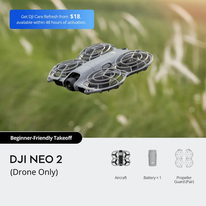 DJI NEO 2 drone with grass background and promotional text.