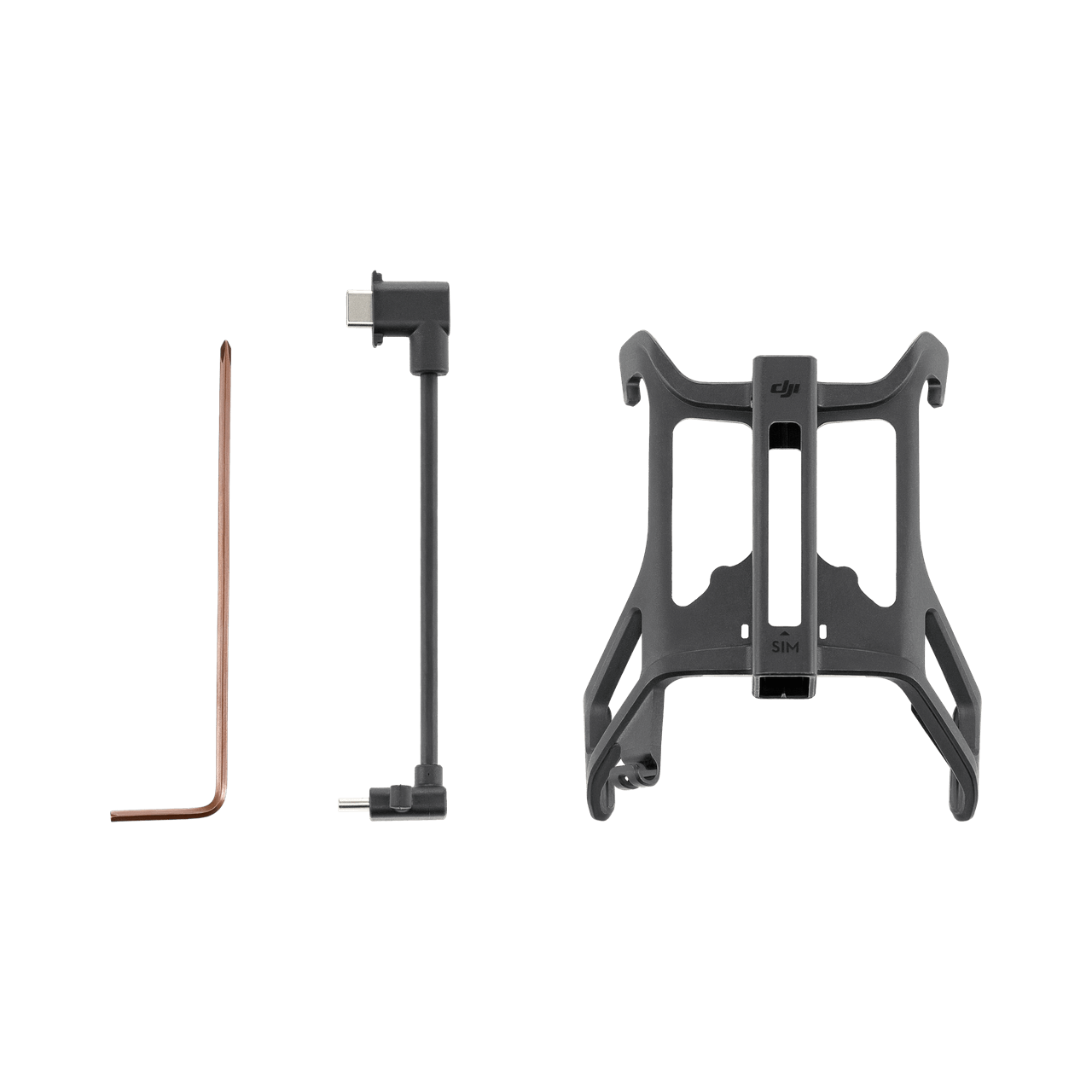 Set of drone accessories including a propeller, arm, and mount on a white background