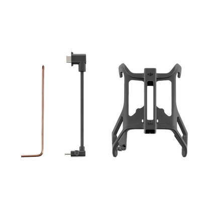 Set of drone accessories including a propeller, arm, and mount on a white background