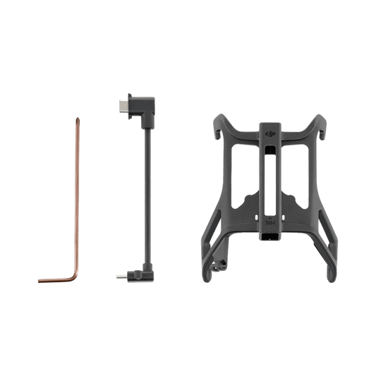 Set of drone accessories including a propeller, arm, and mount on a white background