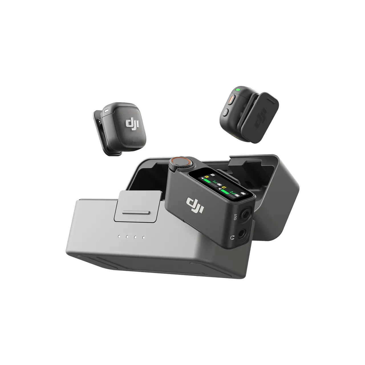 DJI Mic 3 wireless microphone and charging station on a white background