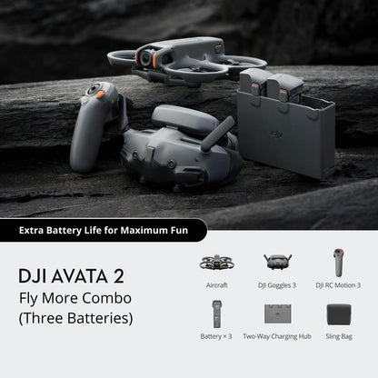 DJI AVATA 2 Fly More Combo with remote control, batteries, and charging hub on a wooden surface.