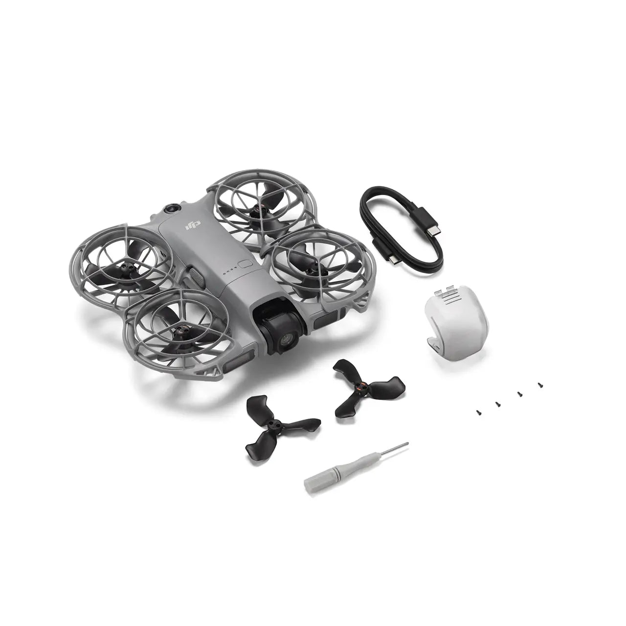Small drone with propellers and tools on a white background