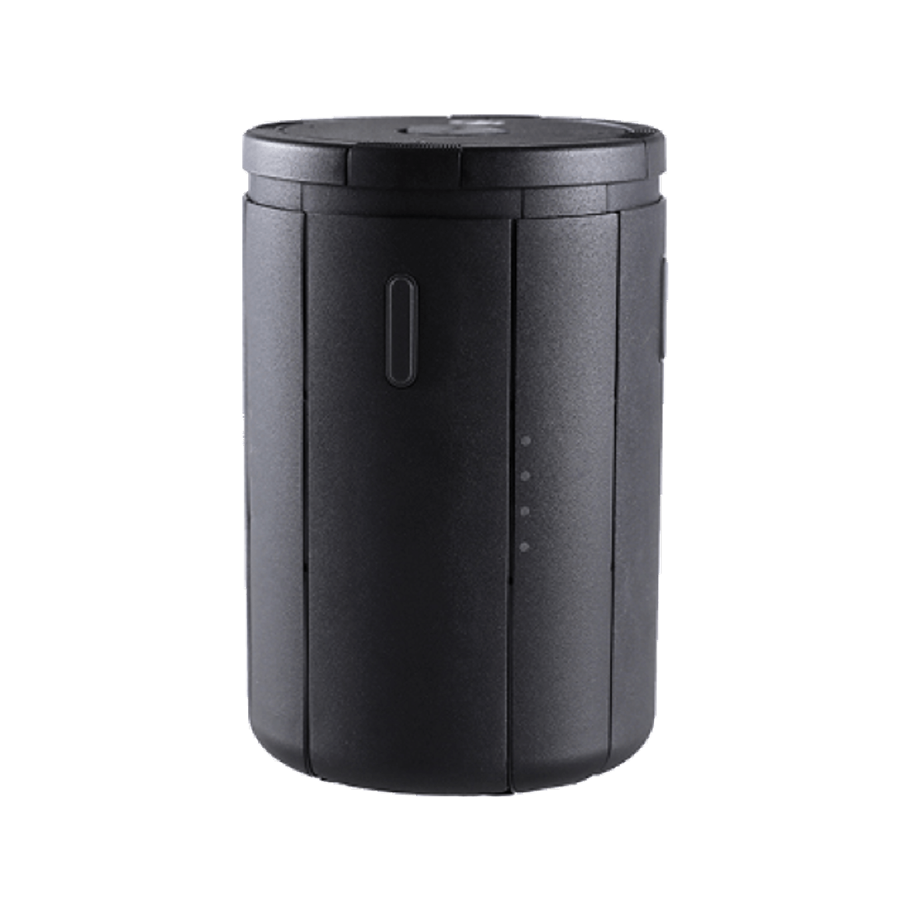 Black cylindrical container with a lid on a white background