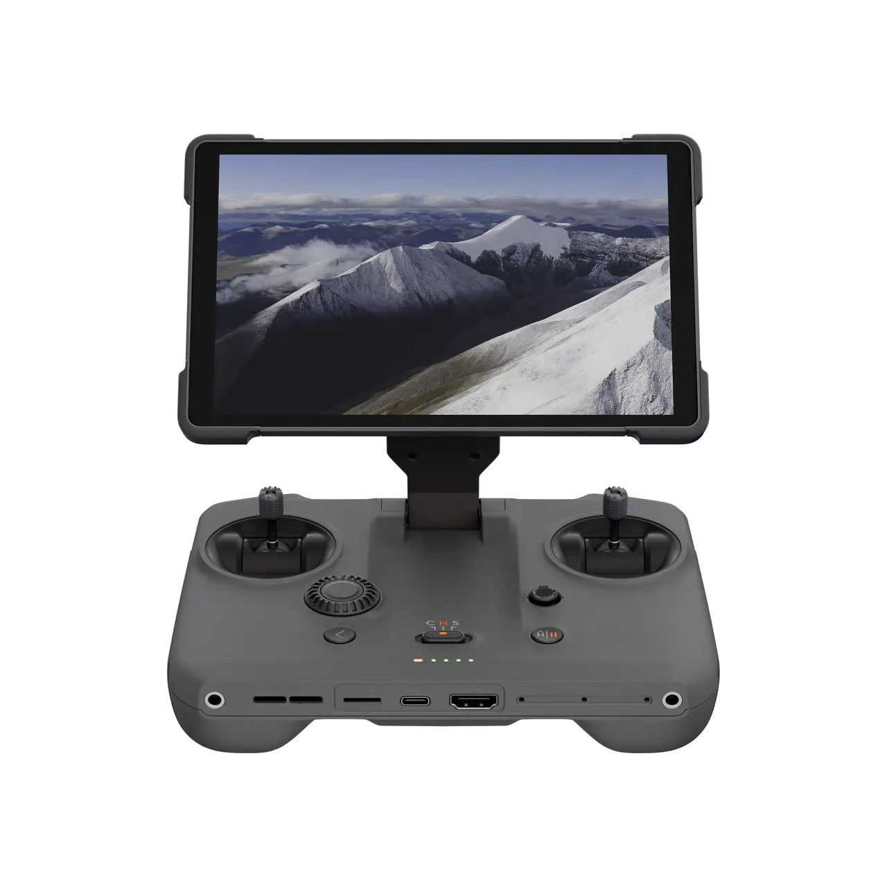 Drone controller with screen displaying a mountainous landscape on a white background
