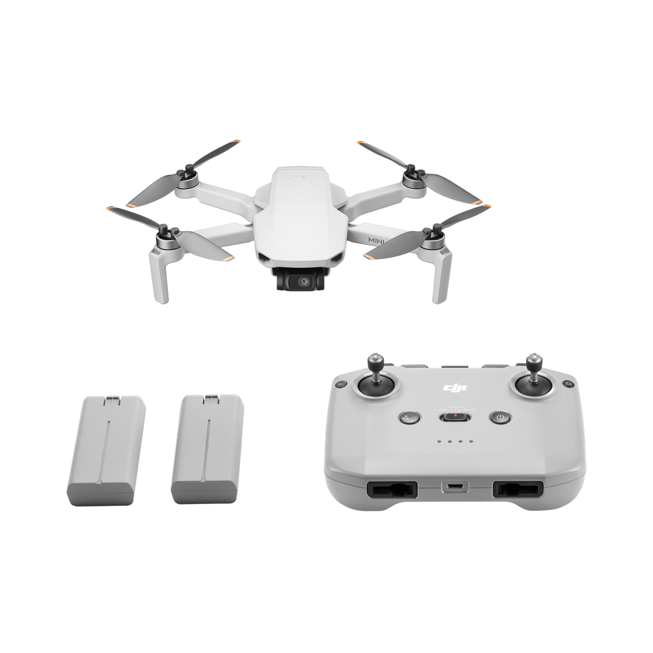 DJI mini 4K fly more combo White drone with remote control and batteries on a black background