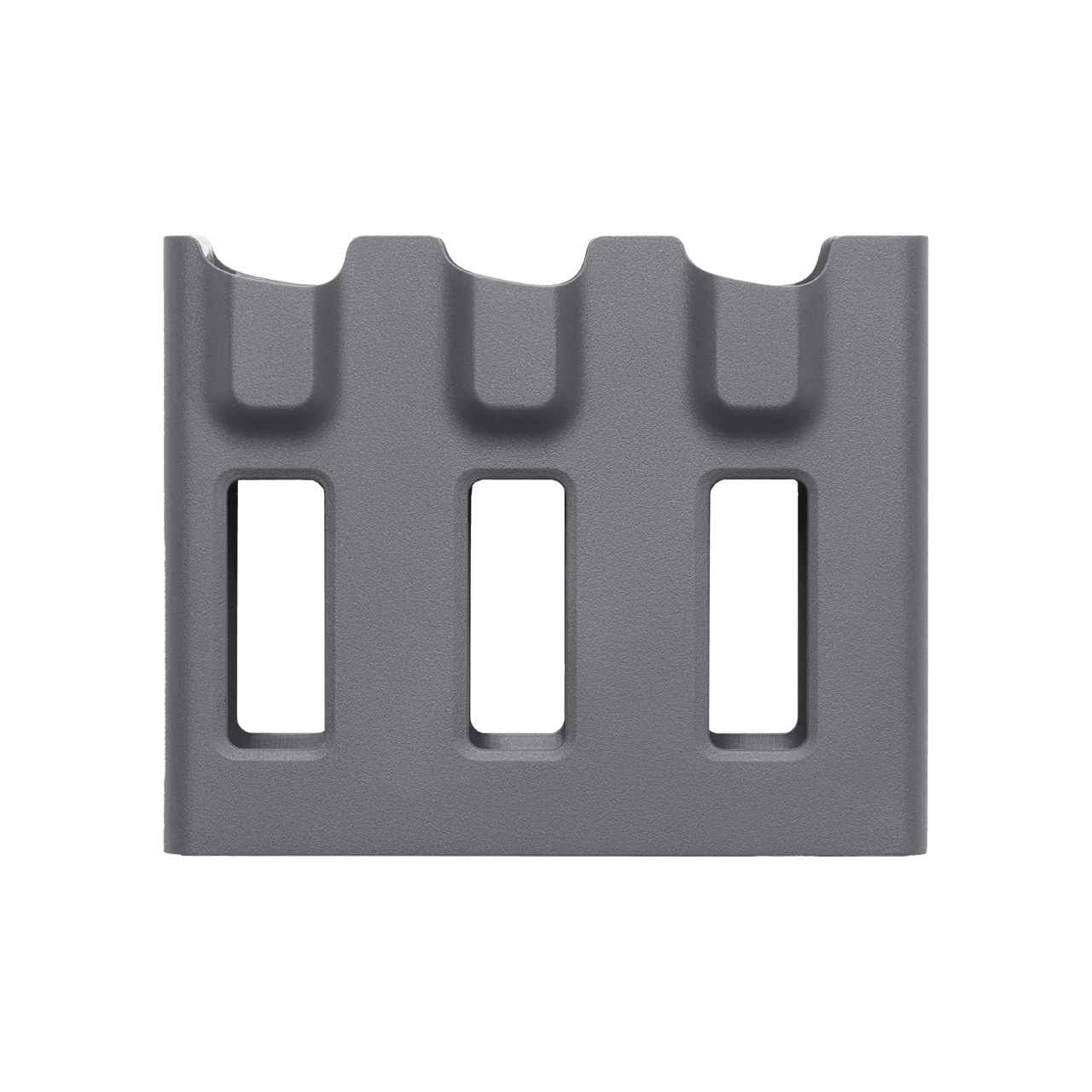 Gray metal grate with three rectangular openings on a white background