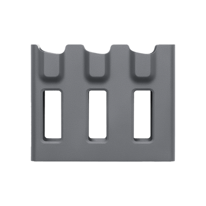 Gray metal grate with three rectangular openings on a white background