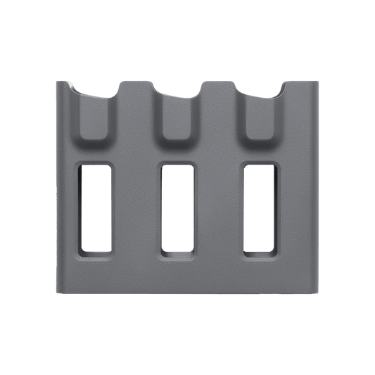 Gray metal grate with three rectangular openings on a white background