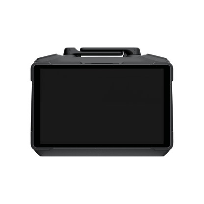 Black protective case with a screen on a white background