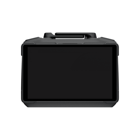 Black protective case with a screen on a white background