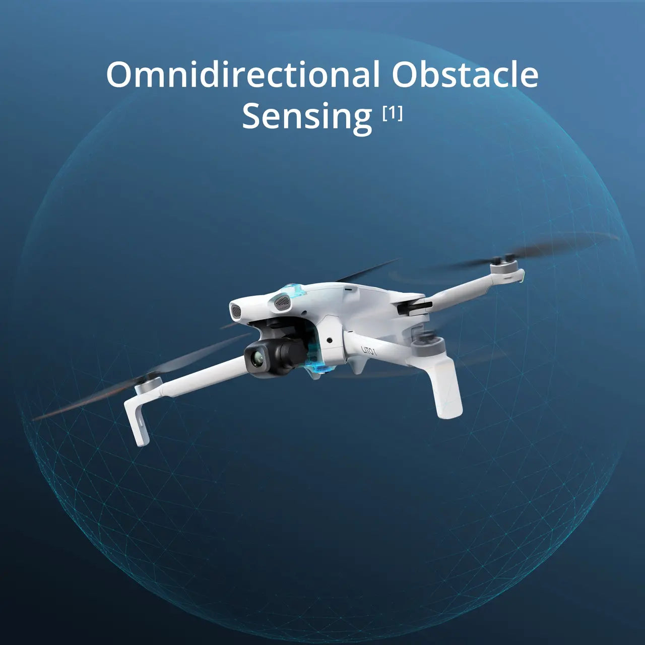 Drone with omnidirectional obstacle sensing feature on a blue background