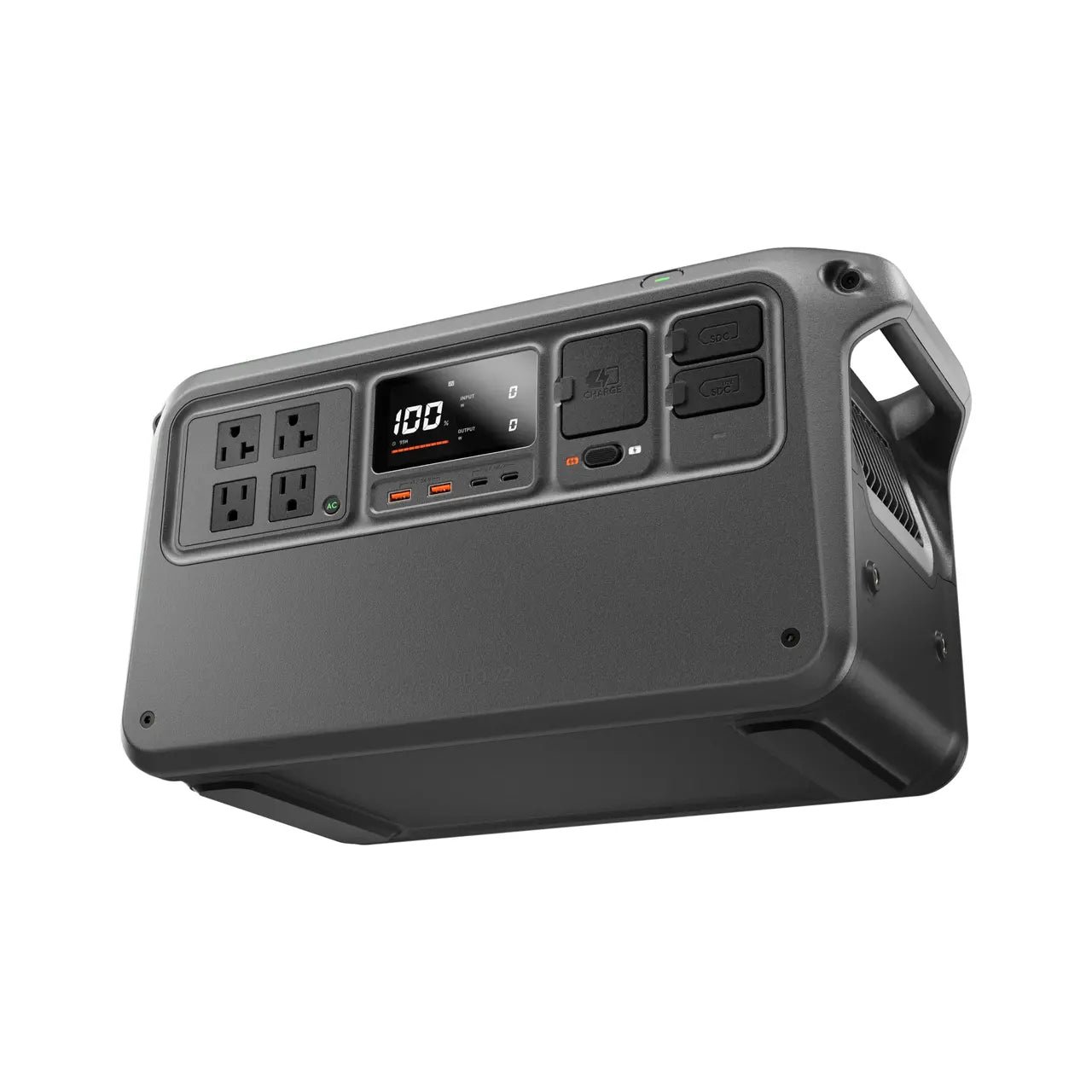 Portable power station with multiple outlets and digital display on a white background