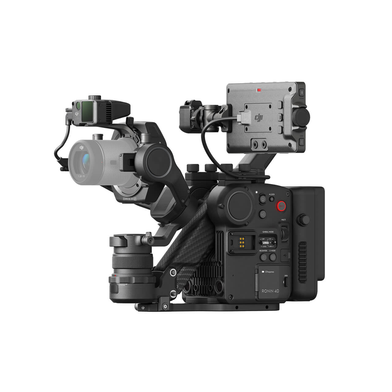 Professional video camera DJI Ronin 4D 6K with multiple lenses and attachments on a white background