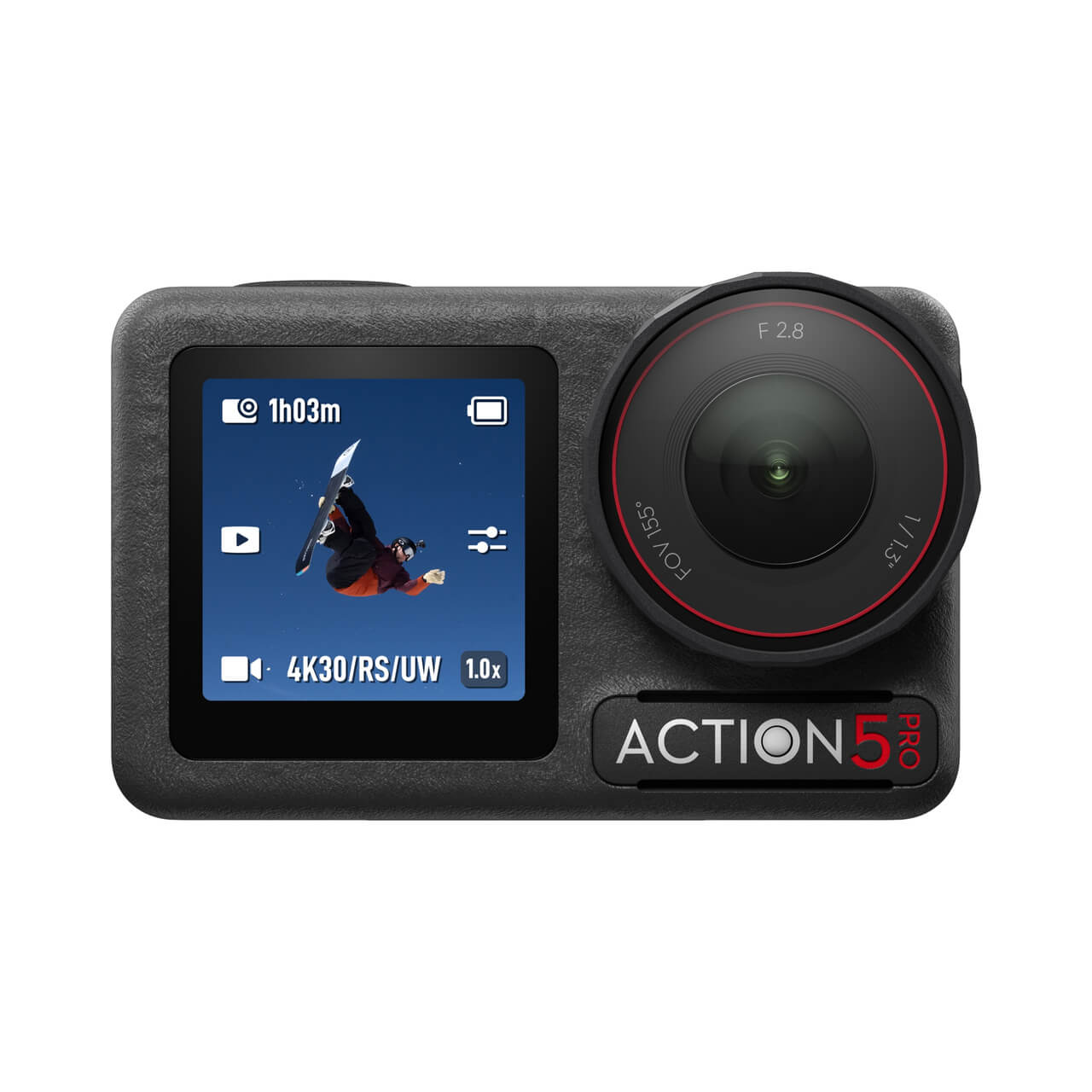 Osmo Action 5 pro camera with screen displaying settings on a white background