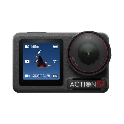 Osmo Action 5 pro camera with screen displaying settings on a white background