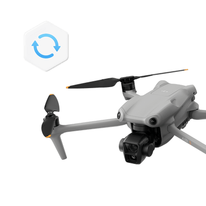 White drone with propellers on a black background, featuring a brand logo.