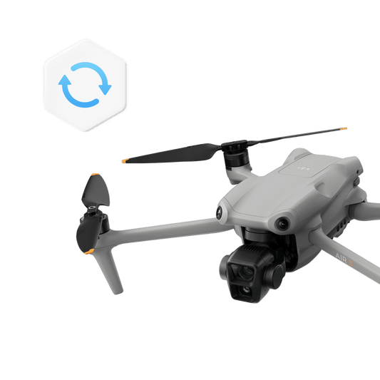 White drone with propellers on a black background, featuring a brand logo.