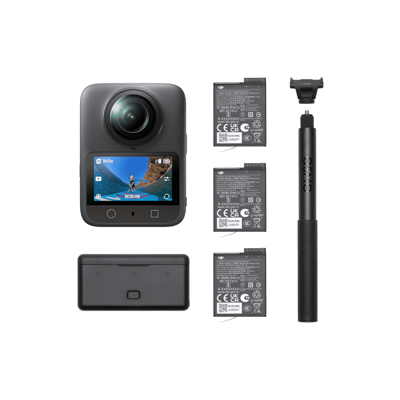 Collection of Osmo 360 camera, battery, and accessories on a black background