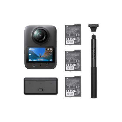 Collection of Osmo 360 camera, battery, and accessories on a black background