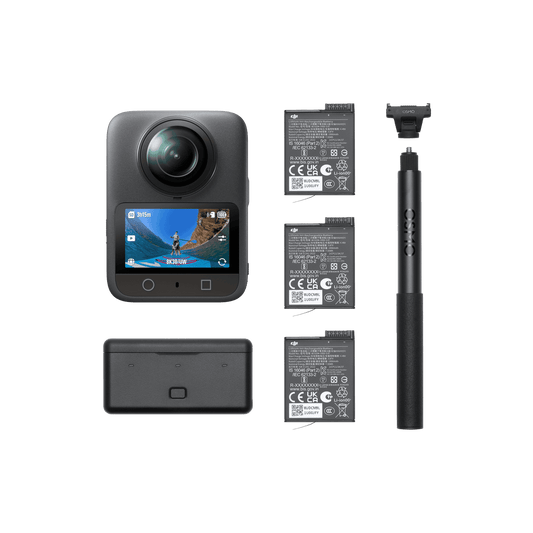 Collection of Osmo 360 camera, battery, and accessories on a black background