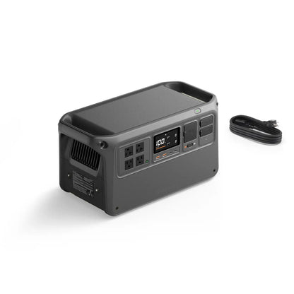 Portable power station with digital display and cable on a white background