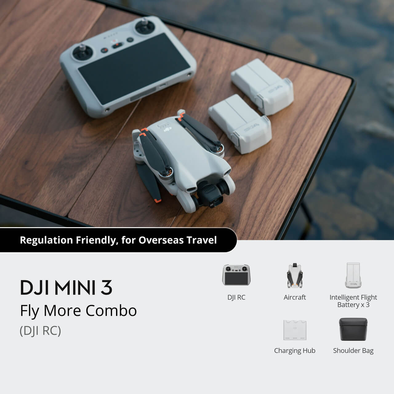 DJI Mini 3 Fly More Combo on a wooden table with water in the background