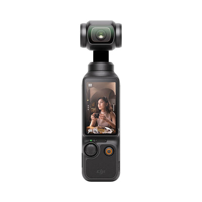 DJI Osmo pocket 3 Black handheld camera with screen displaying a person in a kitchen on a white background