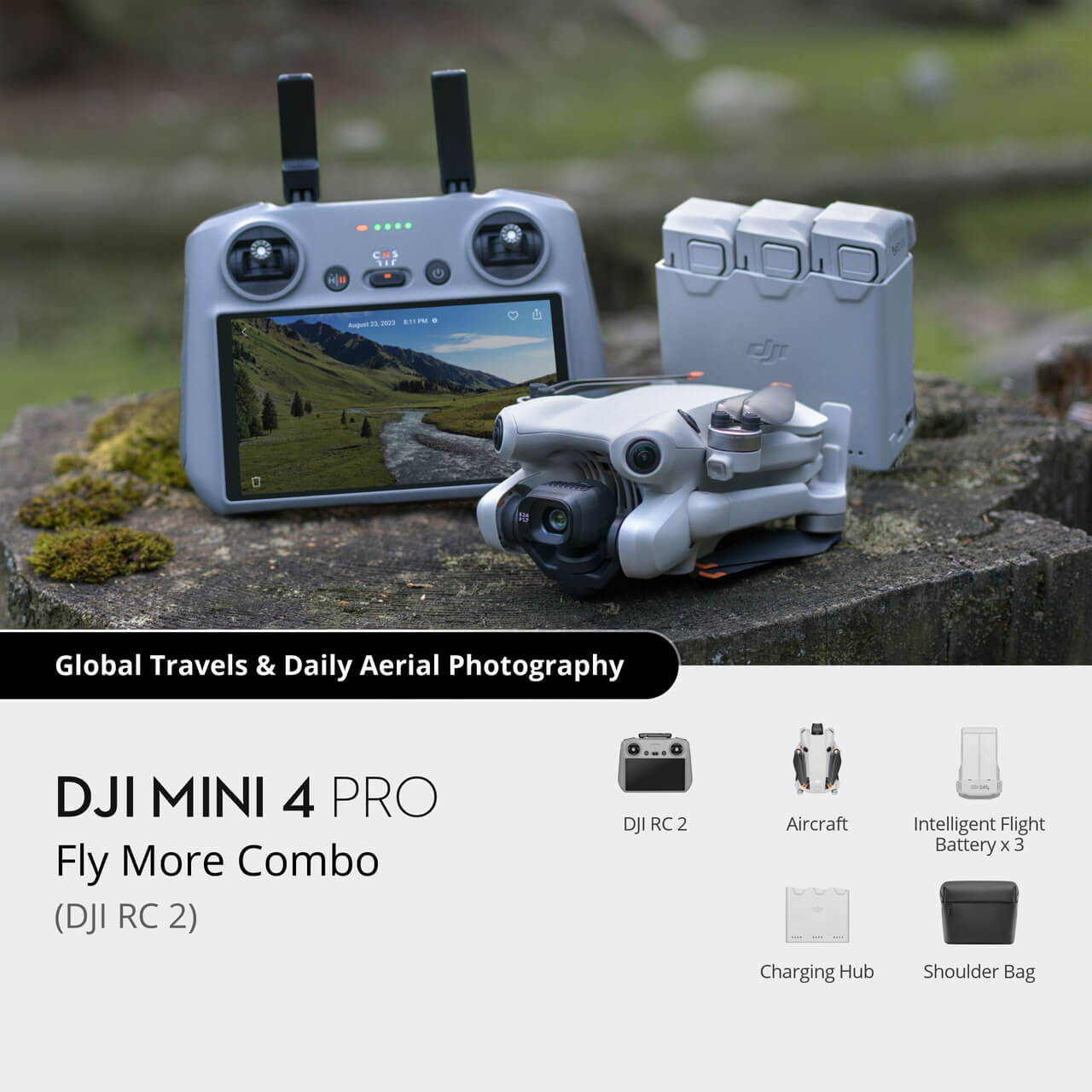 DJI Mini 4 Pro Fly More Combo with remote control and accessories on a stone surface.
