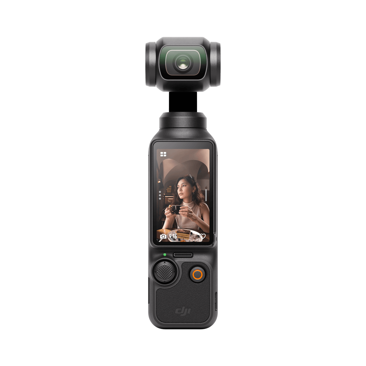 DJI Osmo Pocket 3 handheld camera with screen displaying a person holding a cup on a black background