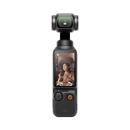 DJI Osmo Pocket 3 handheld camera with screen displaying a person holding a cup on a black background