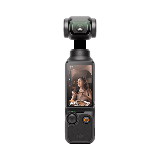 DJI Osmo Pocket 3 handheld camera with screen displaying a person holding a cup on a black background