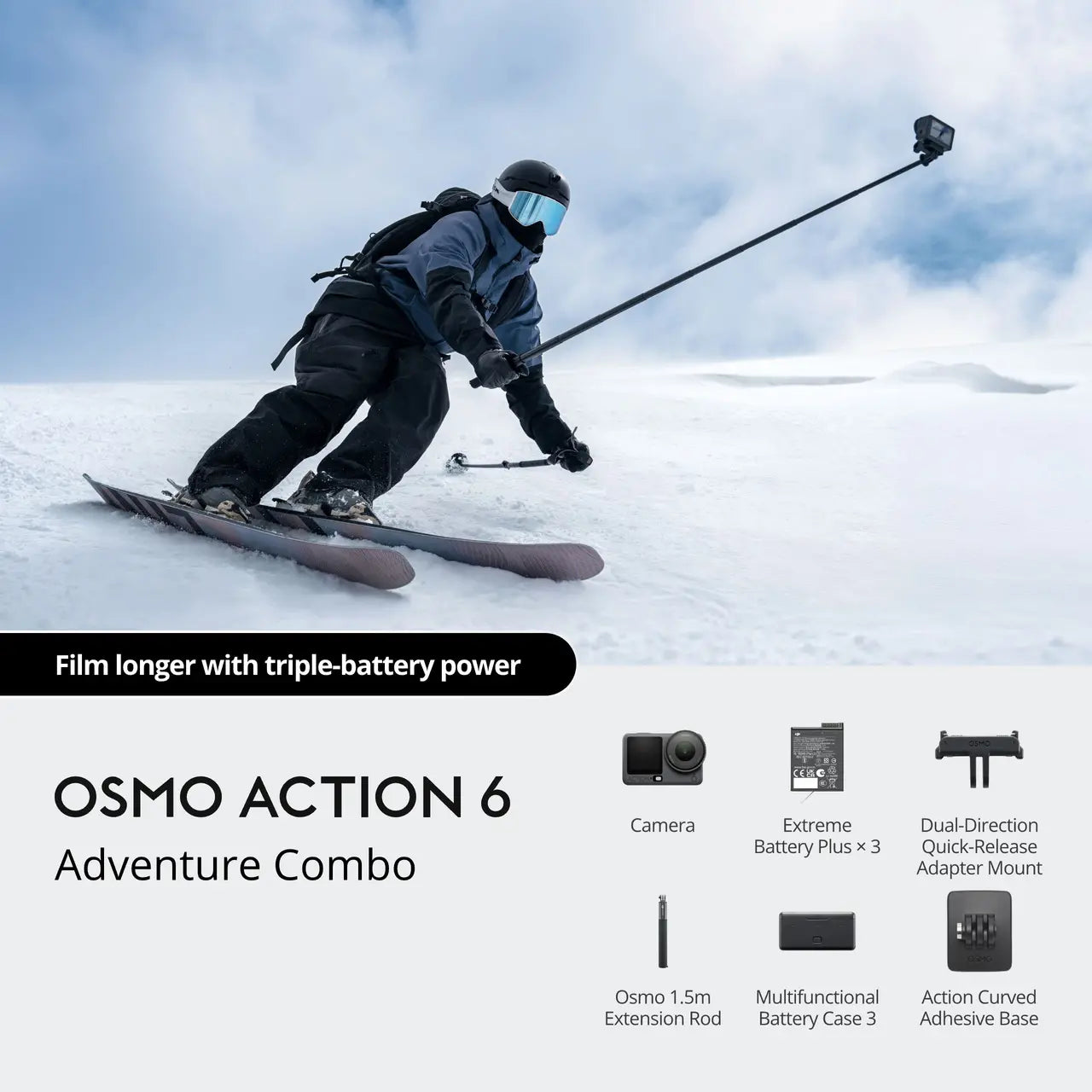 Person skiing with Osmo Action 6 equipment on a snowy mountain