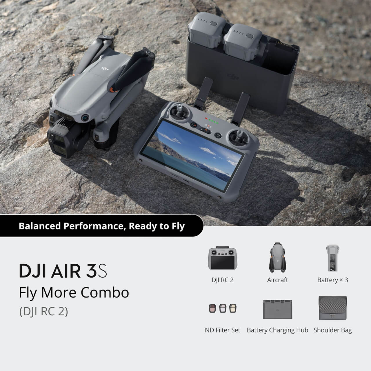 DJI AIR 3S Fly More Combo on a rocky surface with accessories listed below.