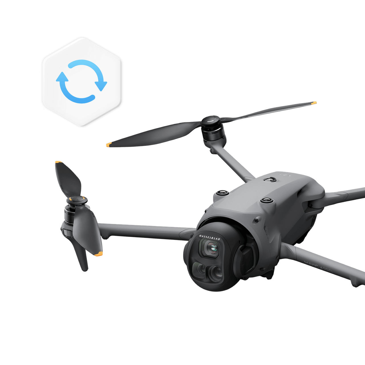Drone with propellers and a brand logo on a black background