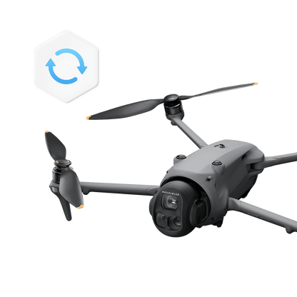 Drone with propellers and a brand logo on a black background