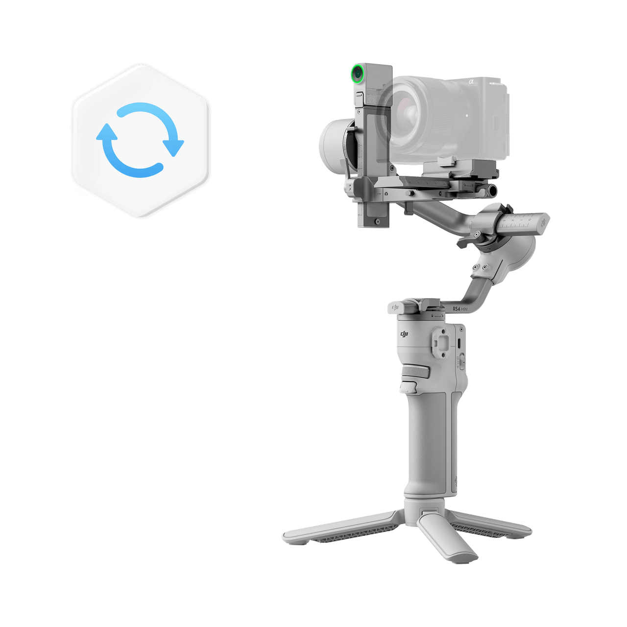 Camera stabilizer with a logo on a black background