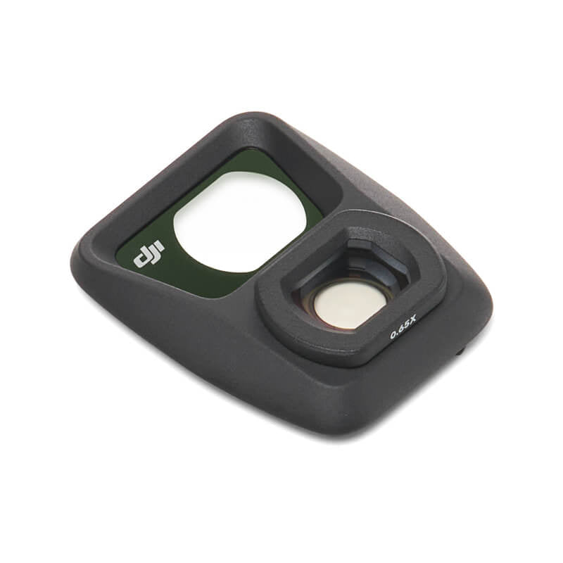 Black camera lens cover with 'DJI' branding on a white background