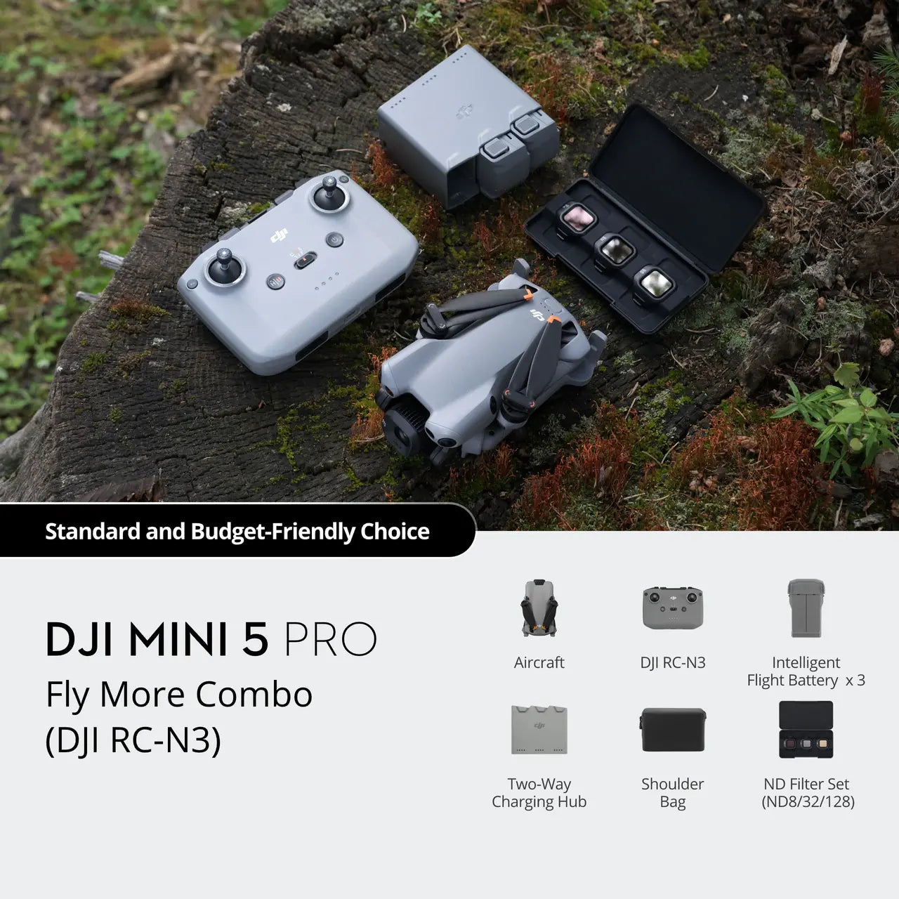 DJI Mini 5 Pro Fly More Combo on a wooden surface with product details below.