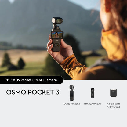 Person holding a 1" CMOS Pocket Gimbal Camera with mountainous landscape in the background