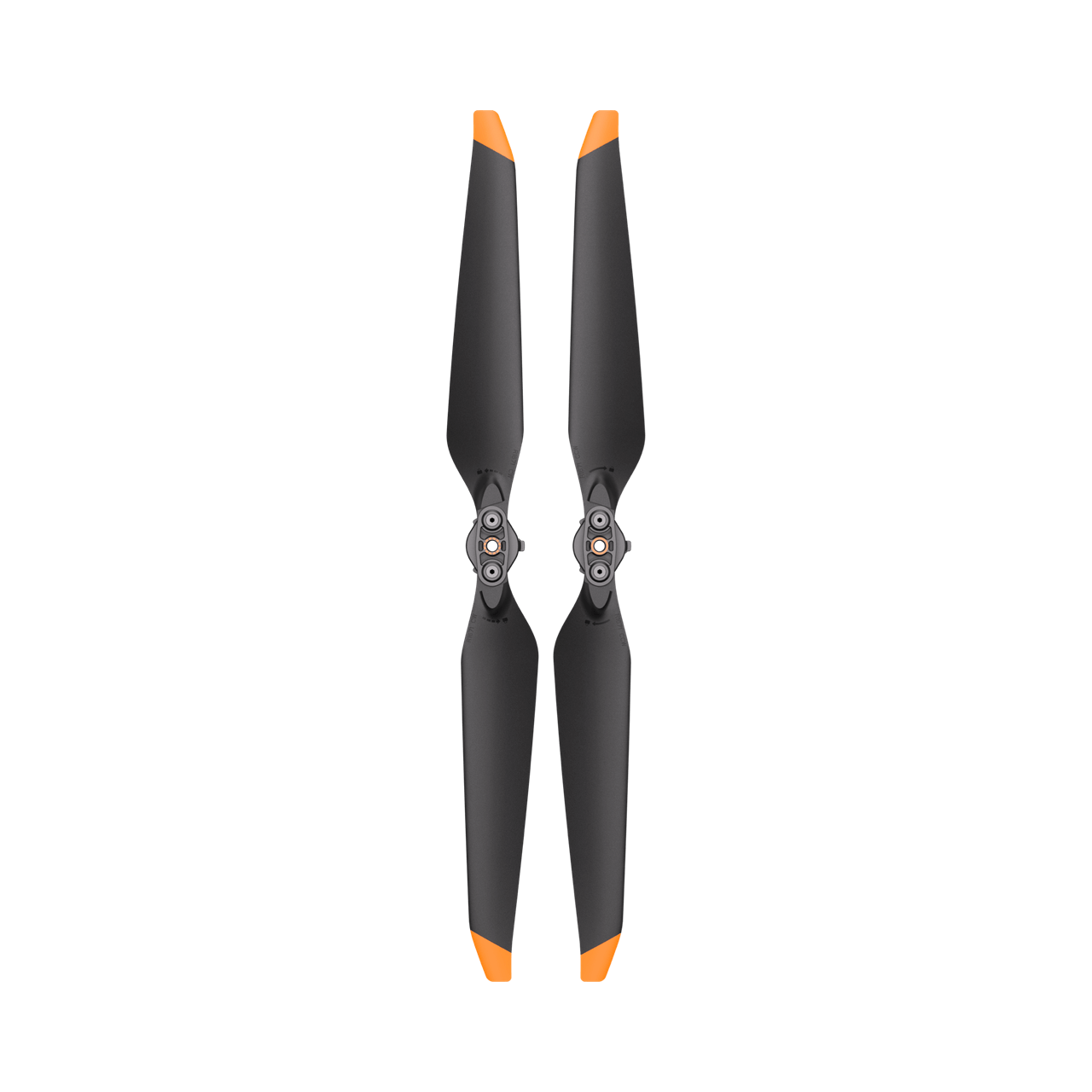 Two black propellers with orange tips on a white background