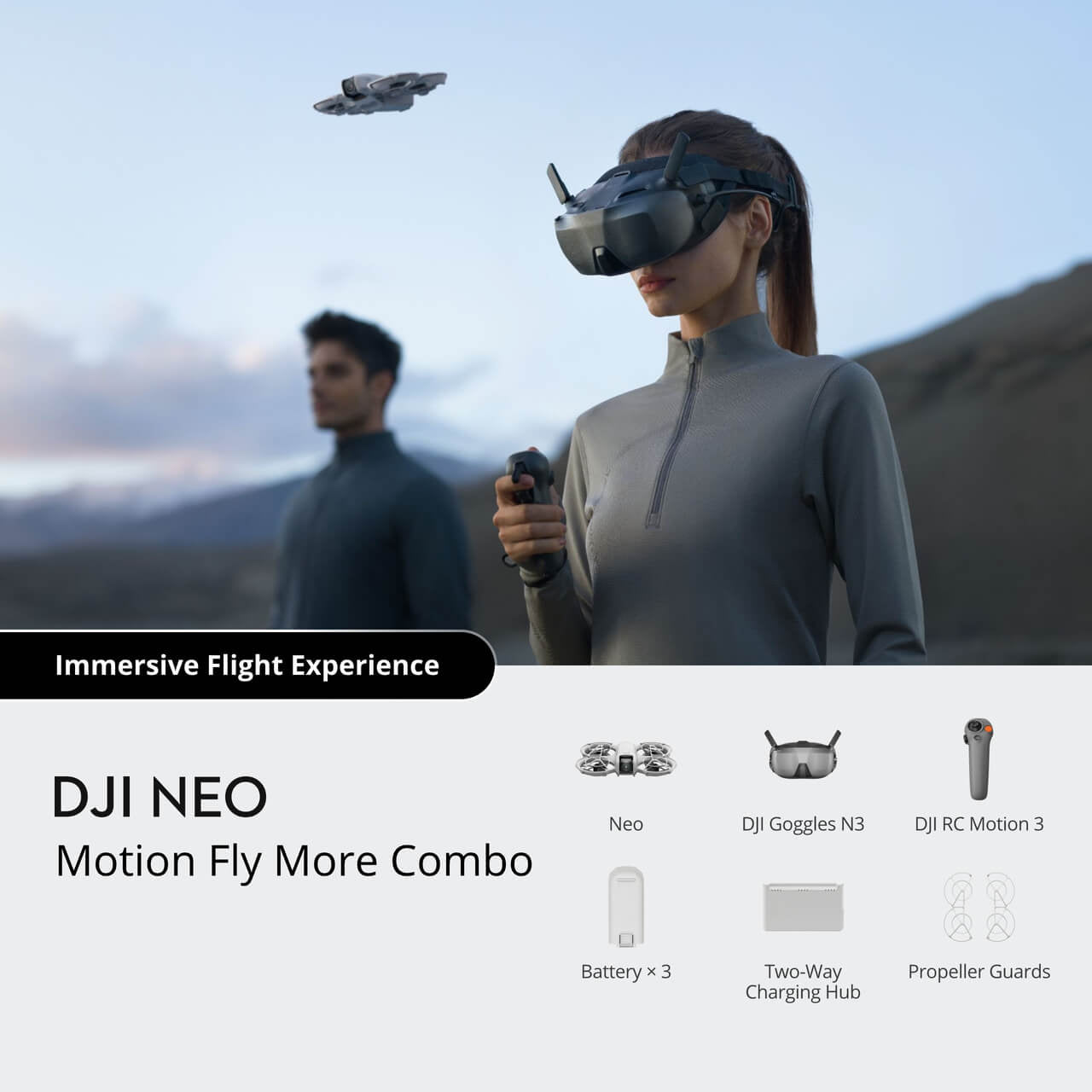 Person wearing DJI goggles with a drone in the background, featuring the DJI NEO Motion Fly More Combo.
