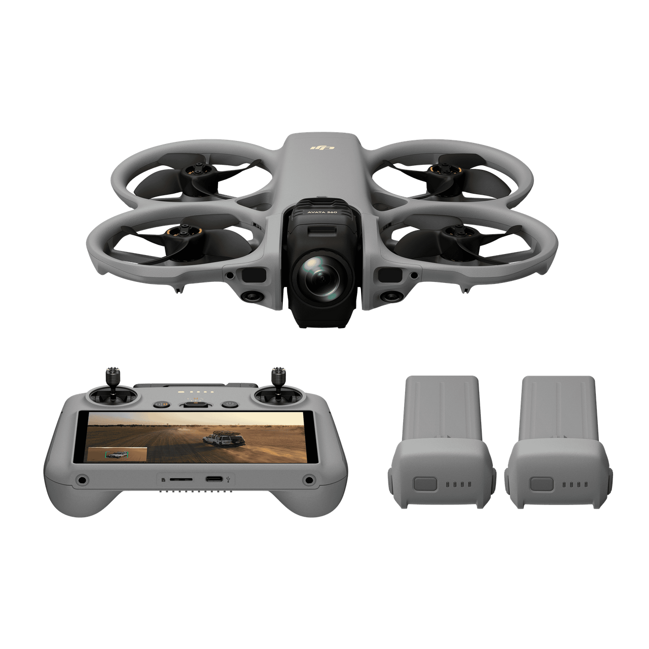 White drone with camera, remote control, and two batteries on a black background