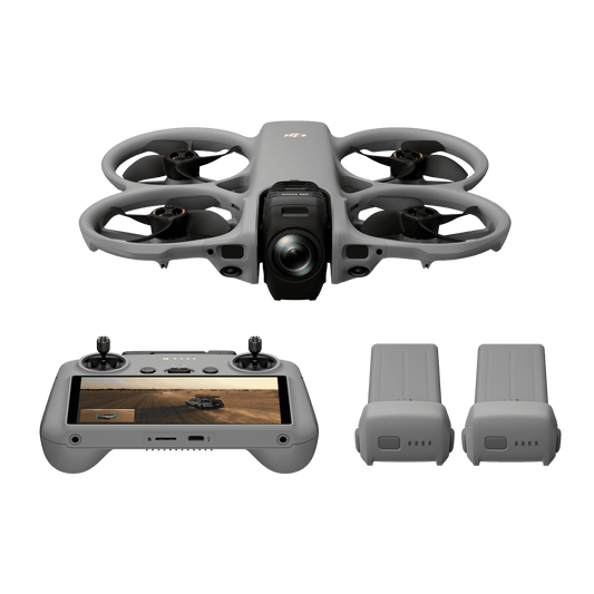 White drone with camera, remote control, and two batteries on a black background