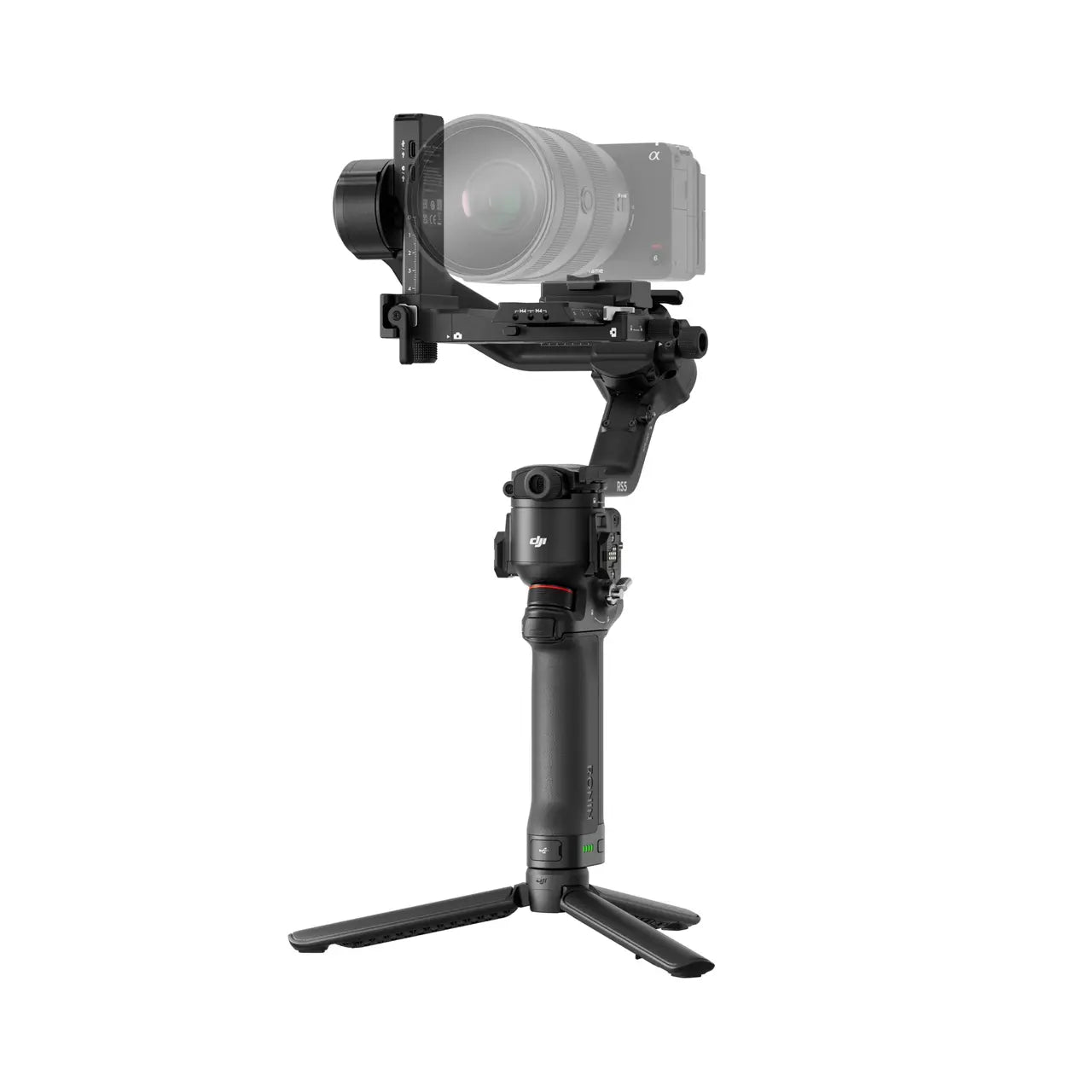 Camera stabilizer with a camera attached on a white background
