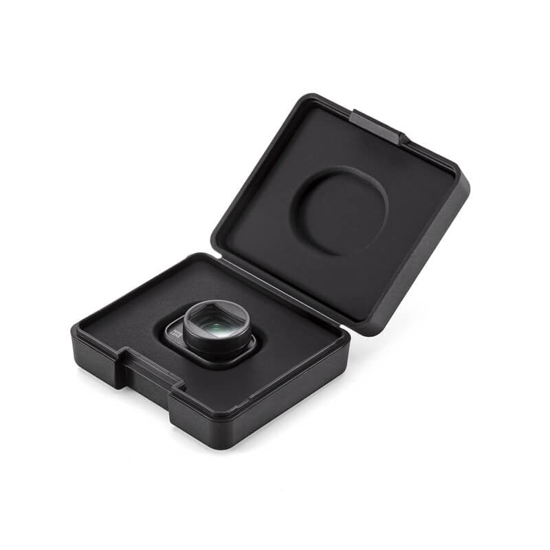 Black electronic device in an open black case on a white background