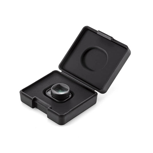 Black electronic device in an open black case on a white background