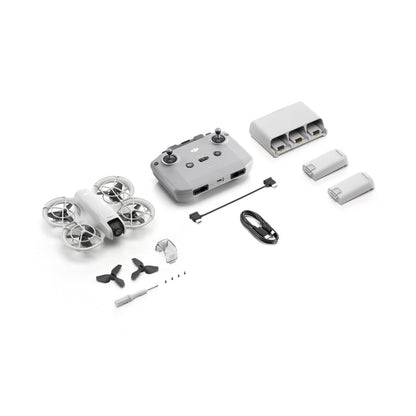 DJI Neo drone fly more combo kit with components on a white background