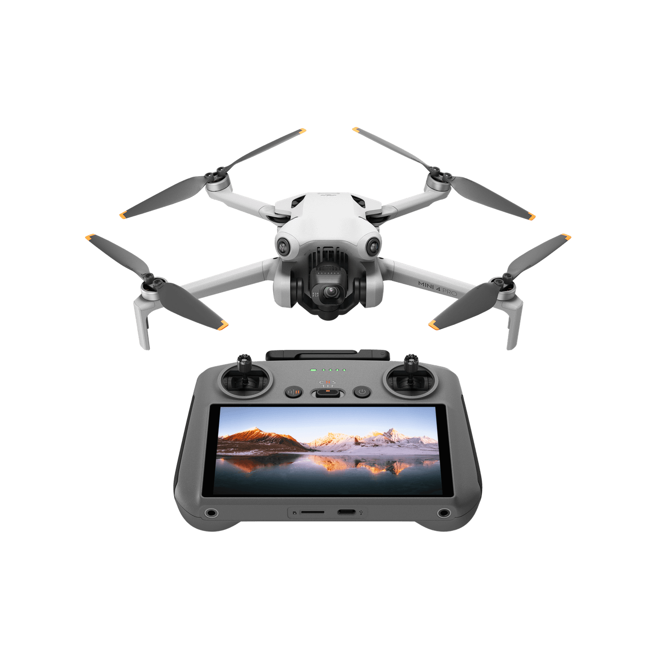 DJI mini 4 pro White drone with four propellers and a remote control device displaying a scenic view on a black background.