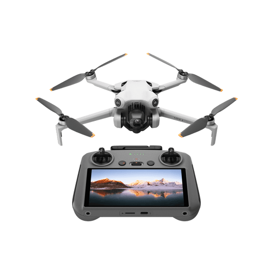 DJI mini 4 pro White drone with four propellers and a remote control device displaying a scenic view on a black background.